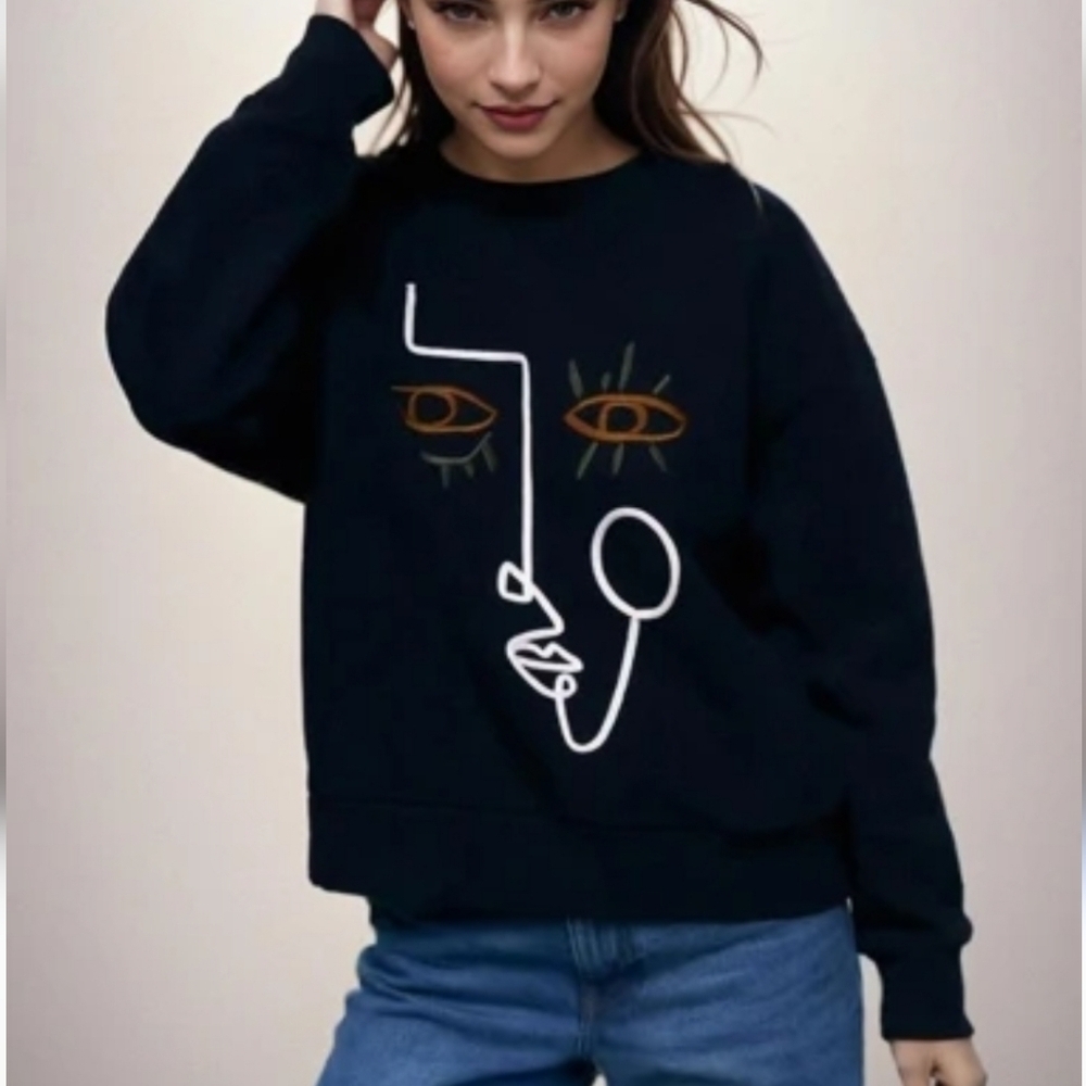 Zara Embroidered Face Black Crewneck Sweatshirt Small Art-to-wear Artistic